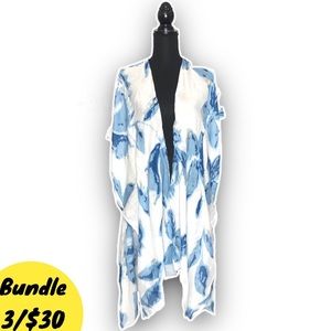 Woven Heart White & Blue Watercolor Open Front Tunic